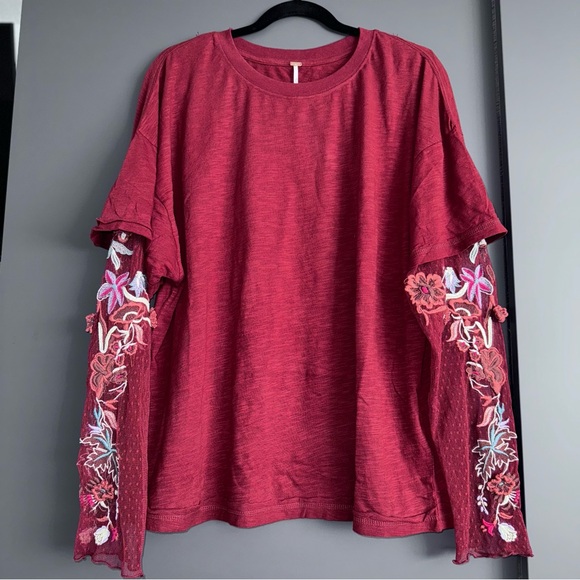 Free People Red Embroidered Long Sleeve Tee (Gardener Tee) - Picture 5 of 7